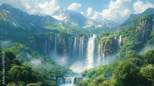 Mesmerizing view of a massive waterfall creating rainbow sprays in the sunlight photo