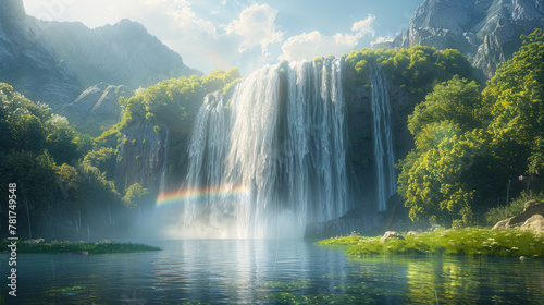 Mesmerizing view of a massive waterfall creating rainbow sprays in the sunlight © Veniamin Kraskov