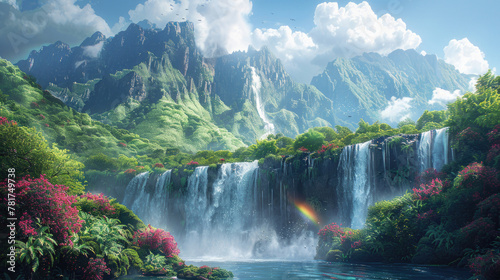 Mesmerizing view of a massive waterfall creating rainbow sprays in the sunlight