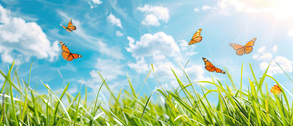 Young green juicy grass and fluttering butterflies in nature against blue spring sky with white clouds. Spring nature panorama.