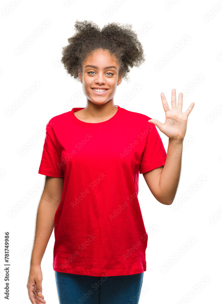 Young afro american woman over isolated background showing and pointing up with fingers number five while smiling confident and happy. Young afro american woman over isolated background showing and pointing up with fingers number five while smiling confident and happy.