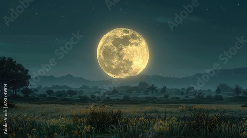 A full moon rising over a serene countryside  soft glow on the landscape