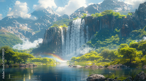 Mesmerizing view of a massive waterfall creating rainbow sprays in the sunlight photo
