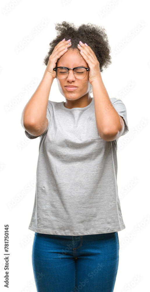 Young afro american woman wearing glasses over isolated background suffering from headache desperate and stressed because pain and migraine. Hands on head. Young afro american woman wearing glasses over isolated background suffering from headache desperate and stressed because pain and migraine. Hands on head.