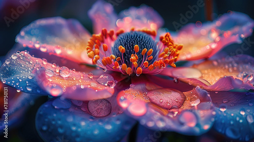 A close-up view of a flower with a glistening dewdrop on its petal, reflecting the morning light