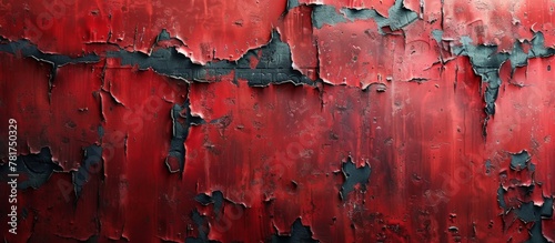 Close-up view of a weathered red wall with paint peeling off, revealing the old surface underneath