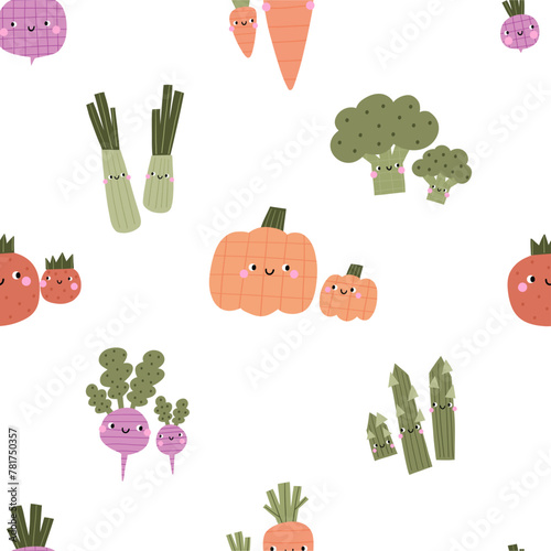 Cute cartoon vegetables characters. Eco veggies, healthy vitamin food. Organic natural eating, nutrition. Vector illustration in flat style. Mom and baby seamless pattern
