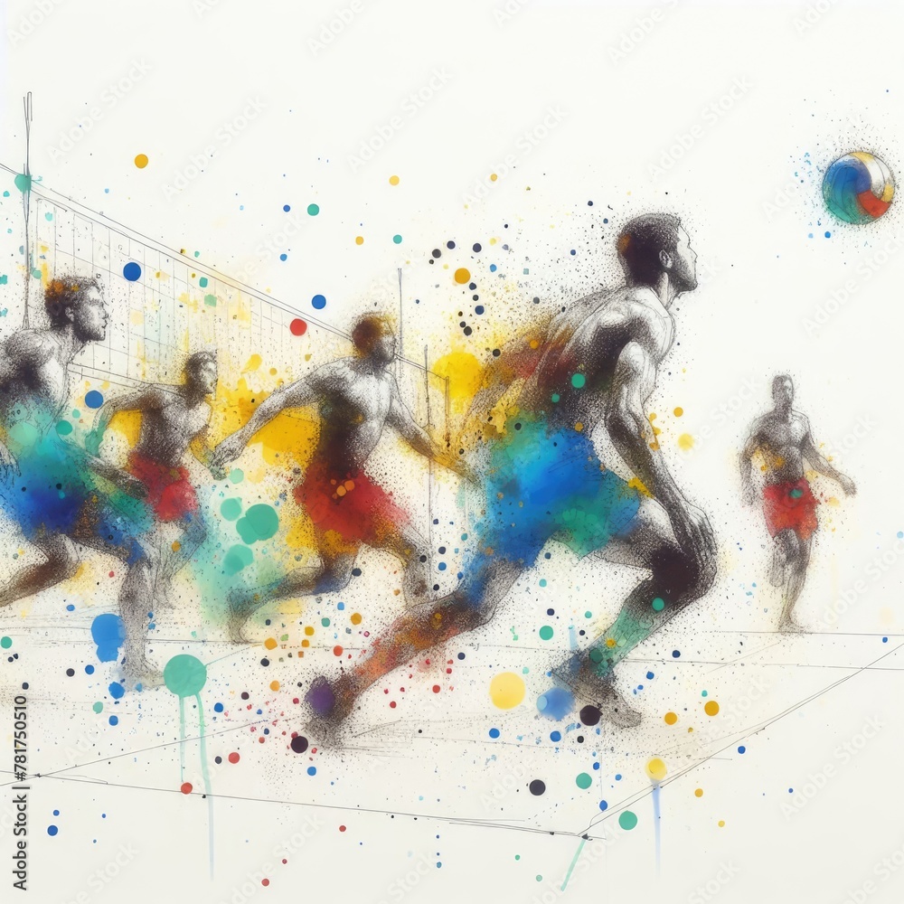 Beach Volleyball players in watercolor paint illustration with Generative AI.