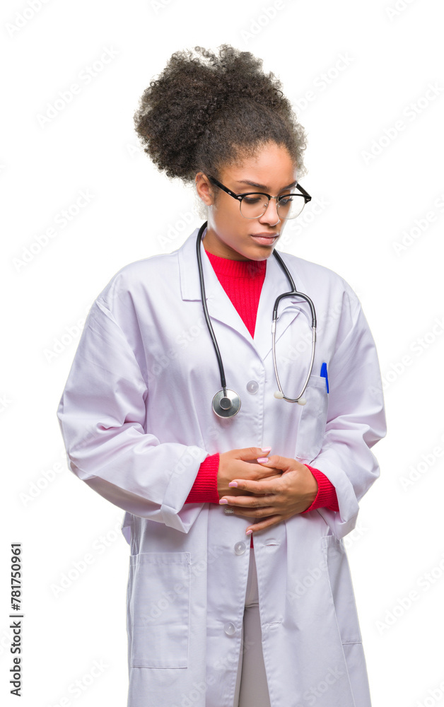 Young afro american doctor woman over isolated background with hand on stomach because nausea, painful disease feeling unwell. Ache concept. Young afro american doctor woman over isolated background with hand on stomach because nausea, painful disease feeling unwell. Ache concept.