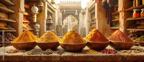 Cultural Spice Bazaar, Exotic and Colorful Cooking Ingredients, Aromatic Seasonings and Herbs, Traditional Culinary Marketplace photo