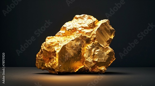 A large gold rock sits on a dark surface photo