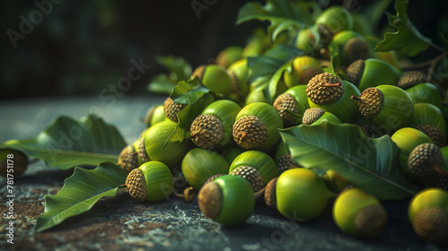 bundle of green acorns as they naturally grow, AI Generative. photo