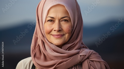 portrait of happy mature muslim woman on gray background.