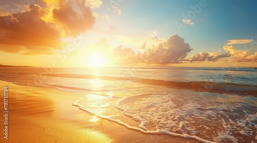 Golden hour beach scene the sun casting a warm glow over the ocean