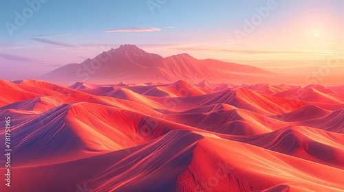 panoramic view of a digital desert landscape, with abstract sand dunes and distant mountains