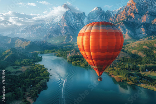 A breathtaking view of a hot air balloon floating above a majestic mountain landscape photo