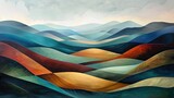 panoramic vista of rolling hills and valleys rendered in abstract geometric shapes and colors