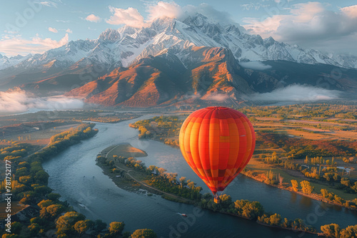 A breathtaking view of a hot air balloon floating above a majestic mountain landscape
