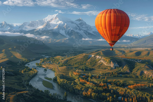 A breathtaking view of a hot air balloon floating above a majestic mountain landscape