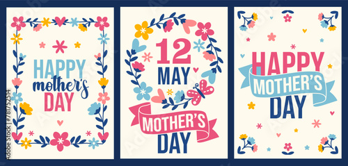 Happy Mother's Day! Set of bright posters with greeting messages and flowers. Colorful vector. Happy celebration layouts. Spring flower arrangements, templates for a card, vertical banners