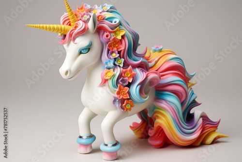 Whimsical cartoonish unicorn figurine, with a rainbow mane and sparkly horn, against a spotless white background, invoking magic and wonder.