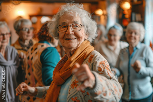 Elderly people dancing in a dance class, wearing casual and glasses. They smile while moving to the music with their friends or family at an elderly club during free time