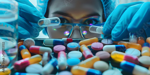 prescribing anti bacterial and anti fungal, anti inflamatory drugs, doctor wearing glassess searching medicines, capsules, pills, over the counter, antibiotics are used to treat cancerous cell, viral 