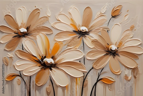 Oil painting of flowers with beige colors, Palette knife strokes, Spring vibes