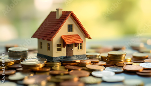 Cartoon concept of a small toy model house on the coin stack, symbolizing investment in real estate, blur background , real estate business concept, dream home