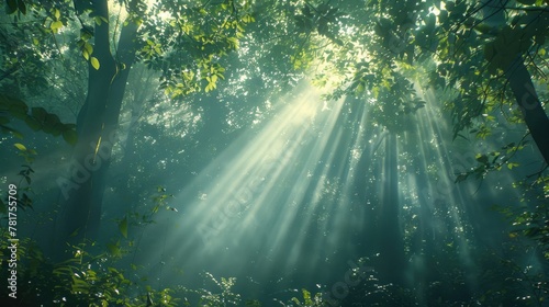 Abstract beams of light shining through a dense forest canopy © aaron