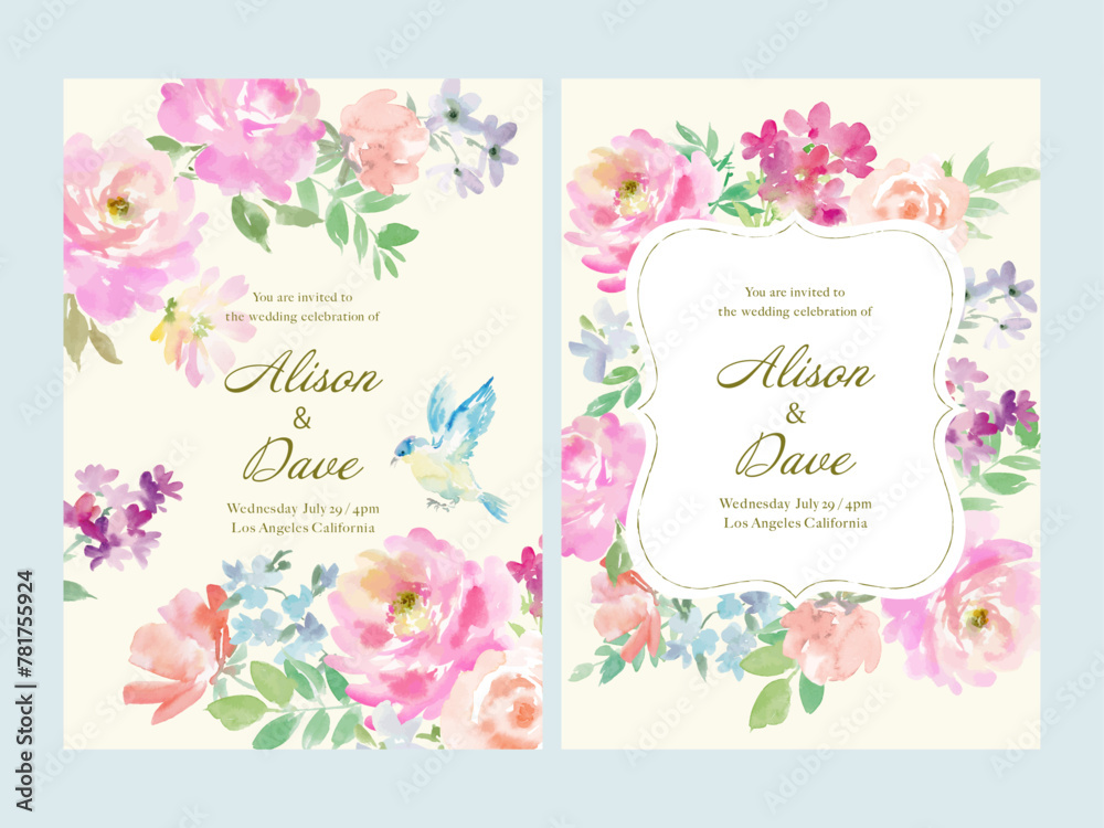 Watercolor vector illustration of roses and wildflowers for wedding invitations