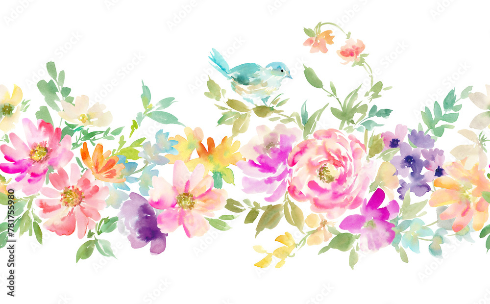 Seamless watercolor pattern of abstract blue birds and flowers, watercolor floral pattern with transparent background