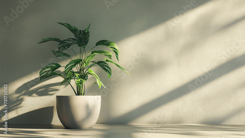 Decorative plant in empty luxury studio showcase for product presentation. The shadow of the leaves of the plant on the wall.