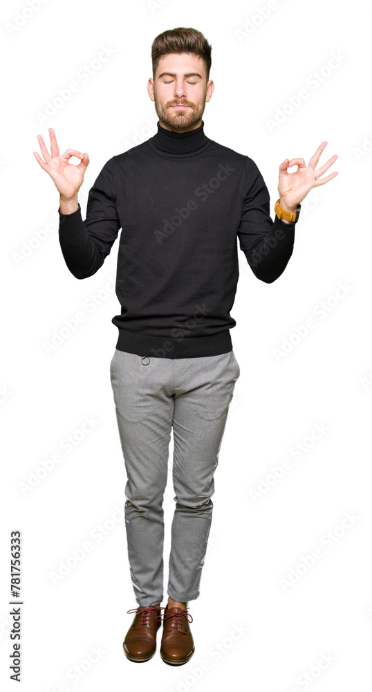 Young handsome blond man wearing winter sweater relax and smiling with eyes closed doing meditation gesture with fingers. Yoga concept.