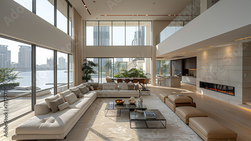 Large modern living room design A simple, elegant sofa matches the clear glass wall, offering a view outside the house