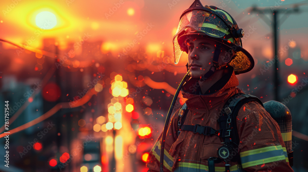 Firefighter with uniform and helmet stand in front of electric wire on a roof top. Firefighter with uniform and helmet stand in front of electric wire on a roof top.