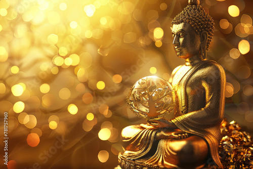 Golden Buddha statue with glowing crystal ball and tree of life, gold background with bokeh lights © Kien
