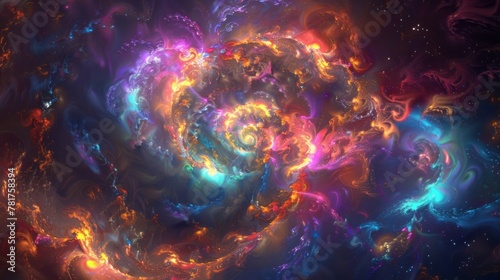 The darkness is awakened by luminous spirals and vibrant swirls of glowing particles each one bursting with its own unique color. © Justlight