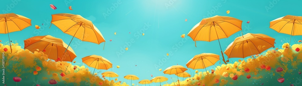 Capture the sleek lines and modern design of umbrellas against a vibrant blue sky in a photorealistic digital rendering, showcasing intricate shadows and reflections