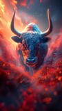 Craft a photorealistic digital illustration depicting the upward trend of a stock market bull at eye-level perspective, emphasizing the energy of a bustling market floor with meticulous detailing and