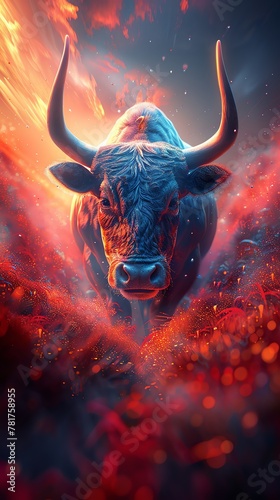 Craft a photorealistic digital illustration depicting the upward trend of a stock market bull at eye-level perspective, emphasizing the energy of a bustling market floor with meticulous detailing and photo