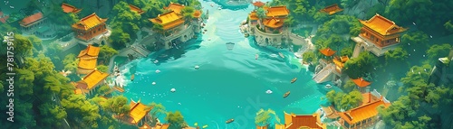 Illustrate a fantastical duck kingdom in intricate detail, seen from above, with majestic architecture and lush landscapes using digital rendering techniques that bring out every vibrant color and tex