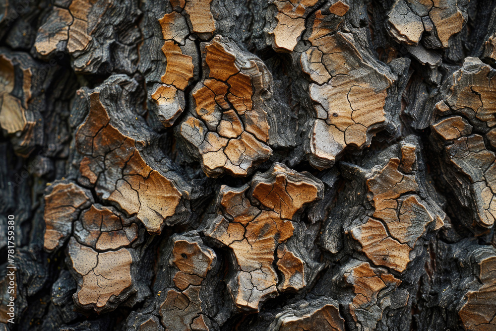 An oak tree's bark, revealing the intricate patterns and textures of its rugged, brown surface