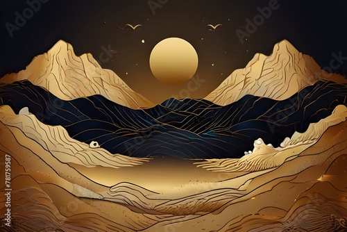 andscape wallpaper design with Golden mountain line arts, luxury background design for cover, invitation background, packaging design, fabric, and print. Vector illustration. Generative AI