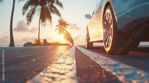 Banner sunset road trip, luxury car on tropical beach road, palm trees, travel lifestyle, dream vacation, golden hour serene scene © Julia