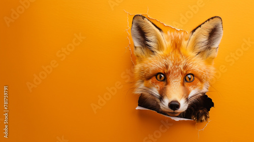 A sweet baby fox peeking through a hole in a warm orange paper wall, copy space.
