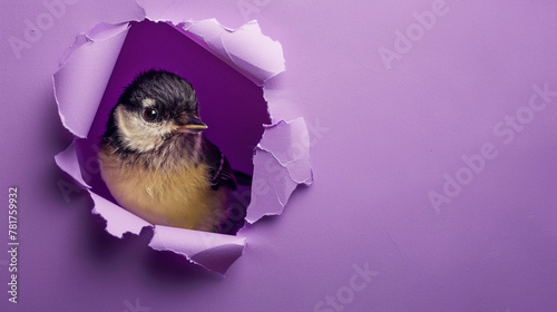A tiny chickadee bird poking its head through a hole in a vibrant purple paper wall, perfect for banner designs.