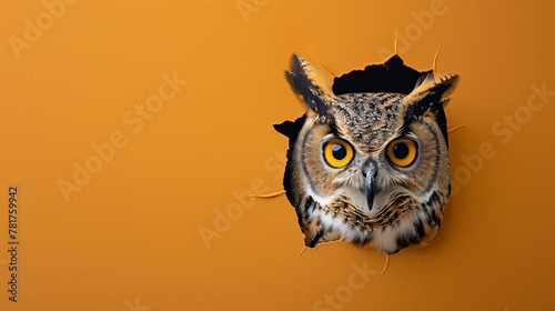 A curious owl peering through a hole in a warm orange paper wall, with copy space for banners.