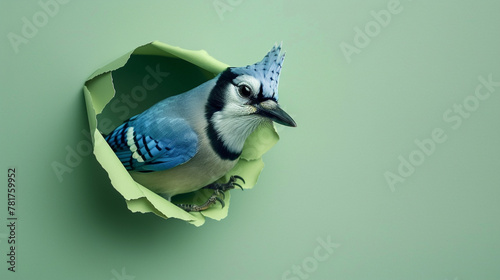 A beautiful blue jay bird peering through a hole in a serene green paper wall, copy space.
