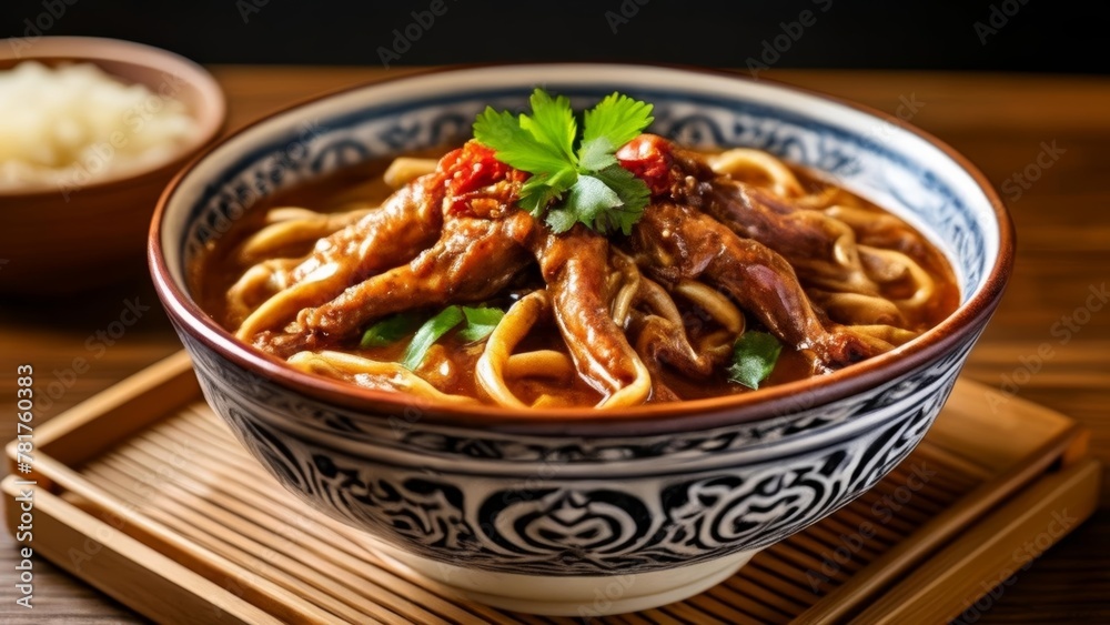 Delicious noodle dish with meat and vegetables ready to be savored Delicious noodle dish with meat and vegetables ready to be savored